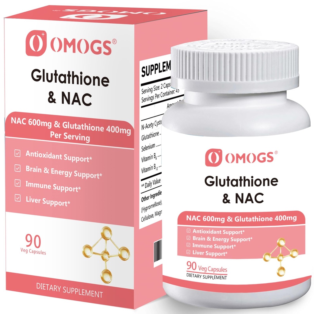Omogs Glutathion & NAC-supplement, met vtamin B & Selenium, ondersteunt de gezondheid van de lever, Cellular, Antioxidant, Energieproductie & Immune, Vegan & Gluten-Free, 90 Veg Capsules.