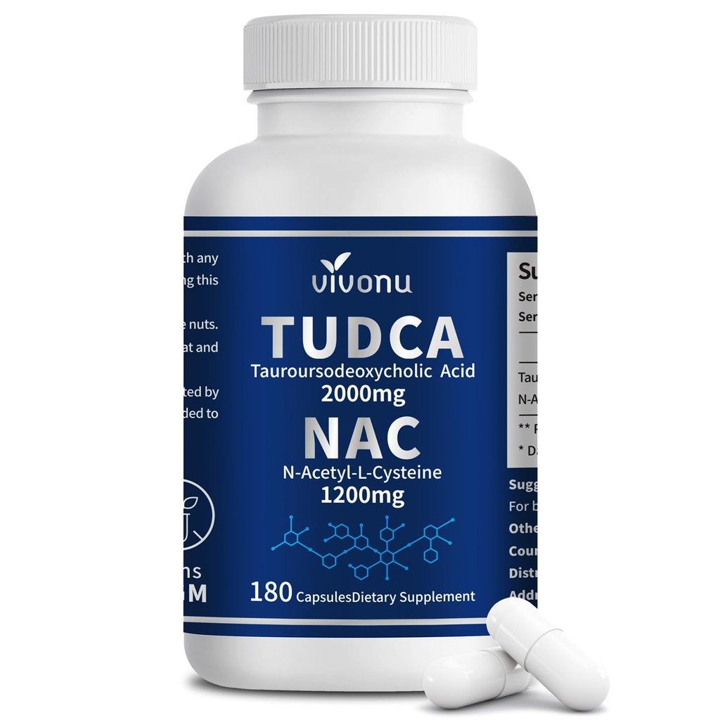 VivoNu TUDCA 2000mg + NAC 1200mg Supplement Complex Capsules, Krachtige TUDCA Bile Salt + N Acetyl Cysteine, Antioxidant Supplements for Liver & Lung& Gallblad Cleanse, Digestie - 180 Capsules