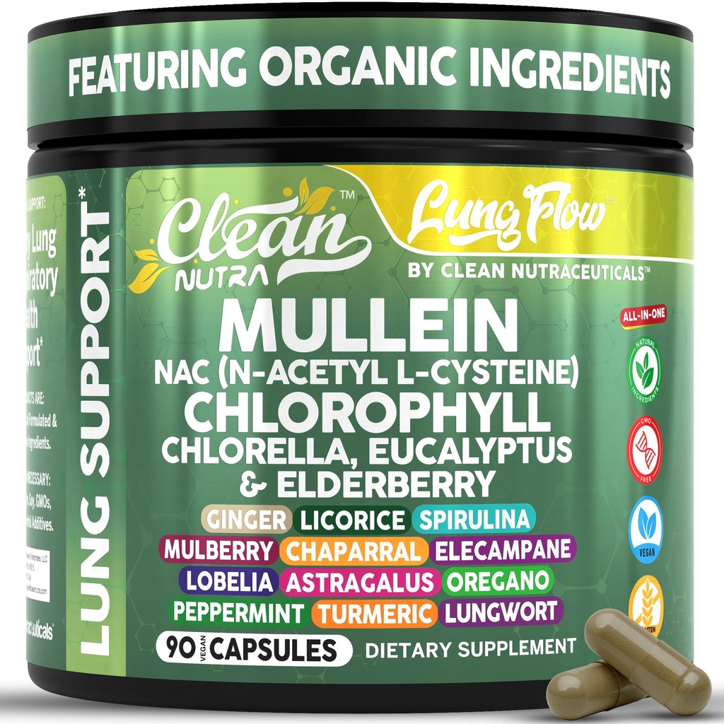 Clean Nutra Mullein Leaf Extract voor Longen Reiniging NAC supplement Chlorofyl Chlorella Vlierbessen 