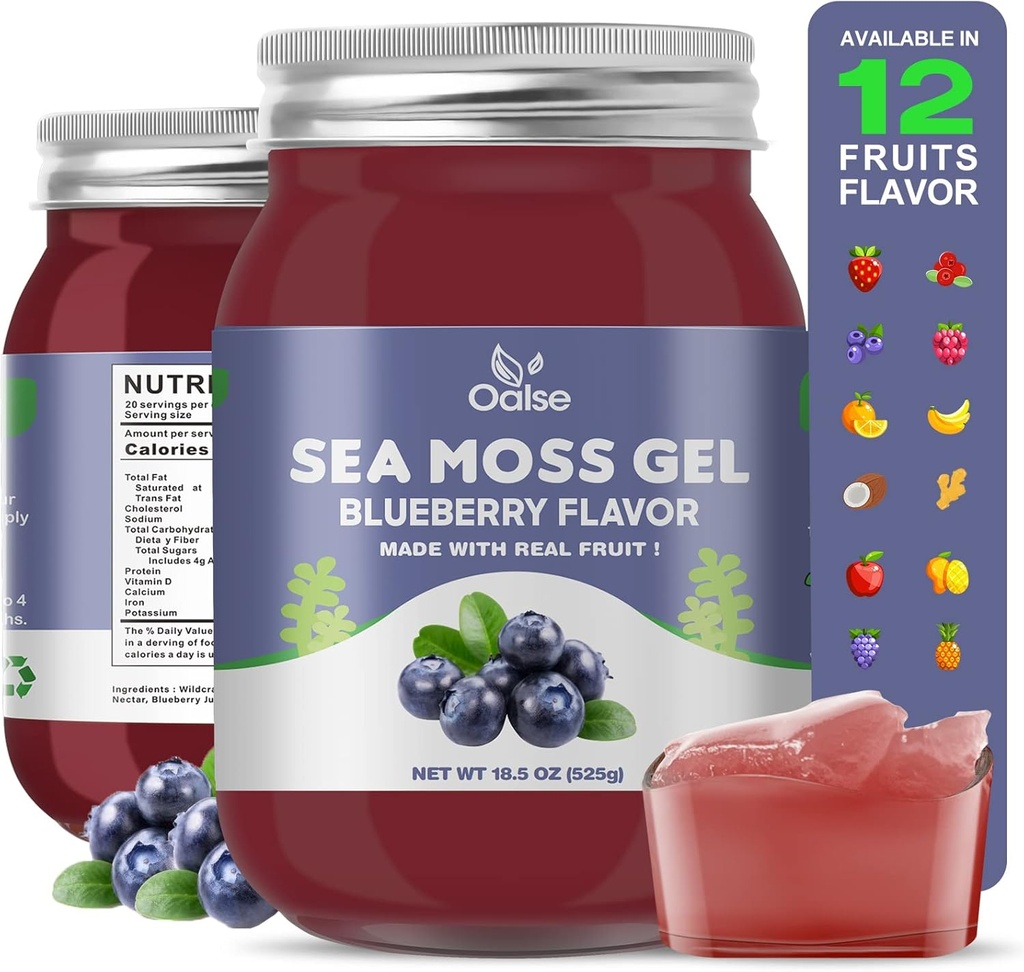 Sea Moss Gel - 18.5oz Blueberry Flavor Raw Nutritious Sea Moss Gel in mineralen, eiwitten en vitaminen, Vegan-Friendly, 2 Tafellepel Dagelijks