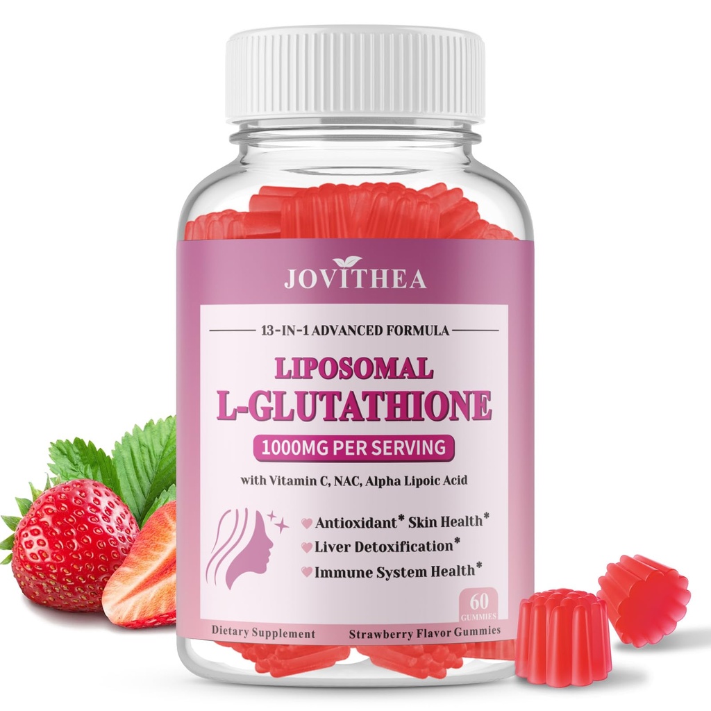 Liposomale Glutathion Gummies 1000mg, Hoge Absorptie Glutathion Supplement met Vitamine C, NAC, Melkdistel voor de gezondheid van de huid, Lever Detox & Immune, Vegan, Suikervrij, Aardbei smaak, 60 Tel.