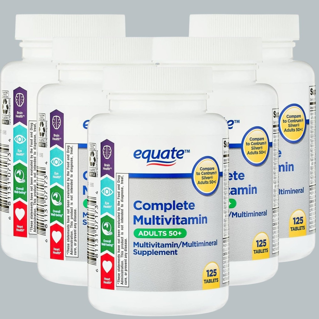 Equate Adult 50+ One Daily Complete Multivitamine Multiminerale Supplement Tablets, Healthy Brain* - Vergelijk met Centrum Silver, 125 pillen (pack van 1)