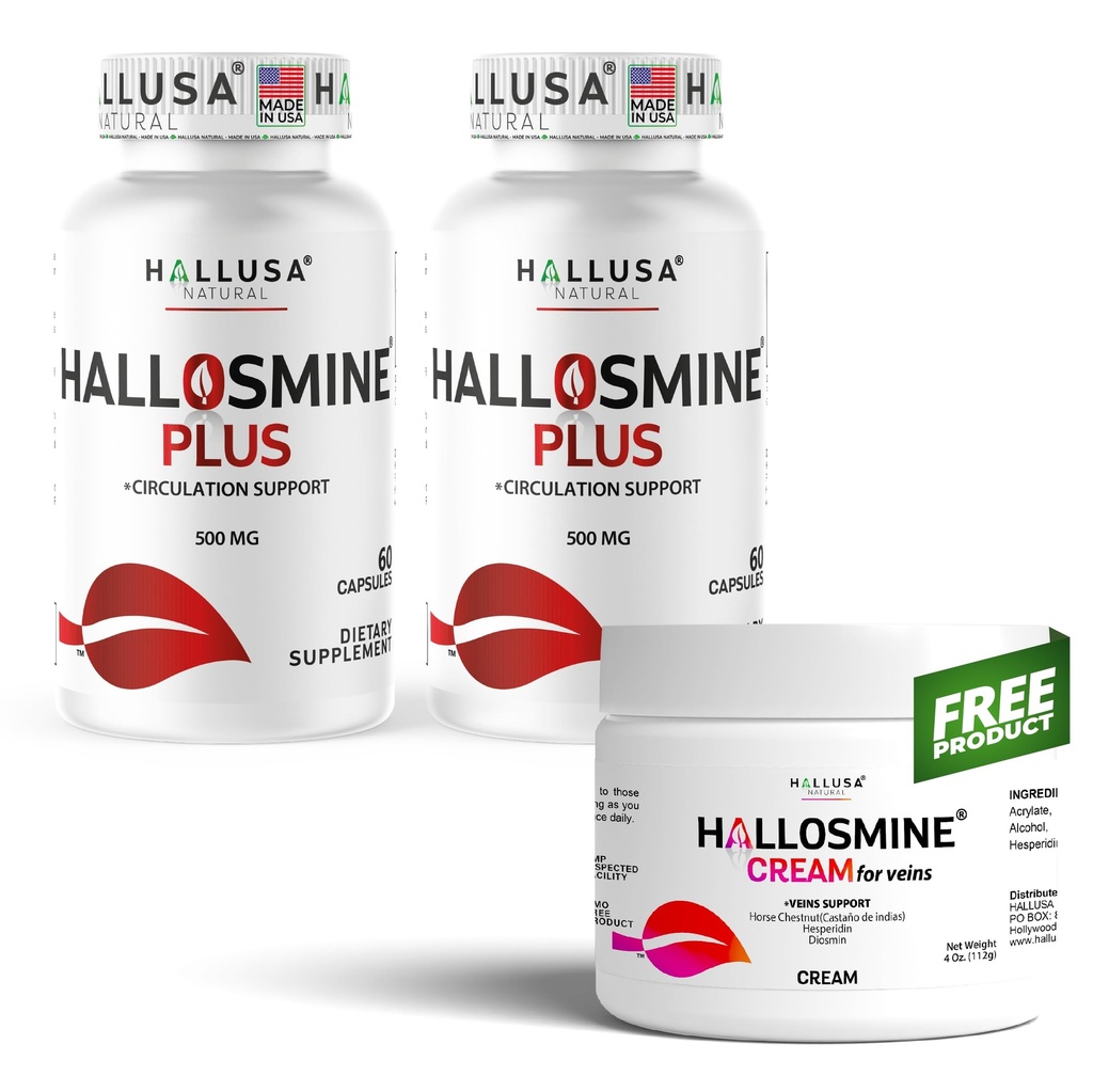 Hallusa Natural Hallosmine Plus 500 mg Diosmin + Bonus Leg Cream | Extra Strength Circulation & Vein Support Supplement for Vascular Health, Visible Veins, Swelling & Heavy Legs, 120 Capsules