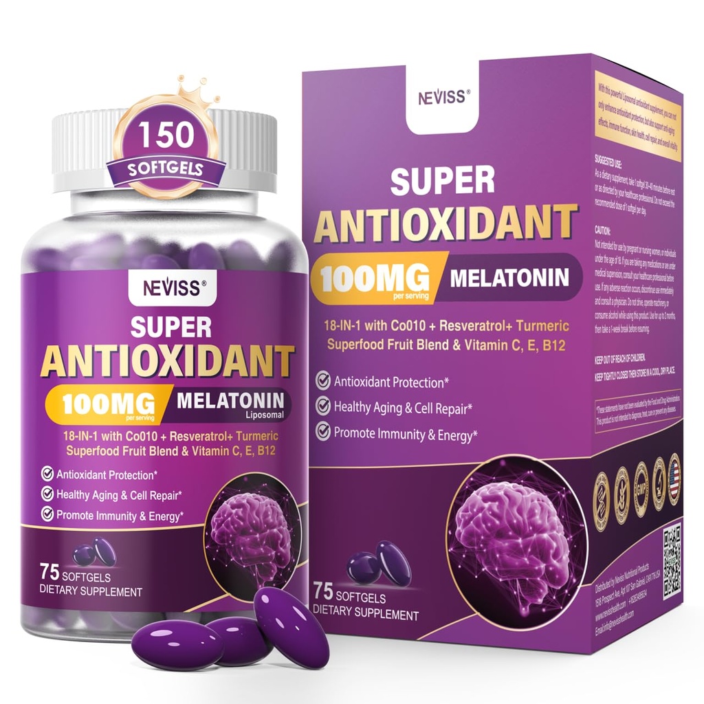 Melatonine 100 mg voor Antioxidant & Cognitive Health, Ultra High Dose Melatonine met CoQ10, Kurkuma, Trans-Resveratrol, Vitamine B12 C E voor Brain Anti-Aging, Cellular Repair and Energy, 150 Softgels