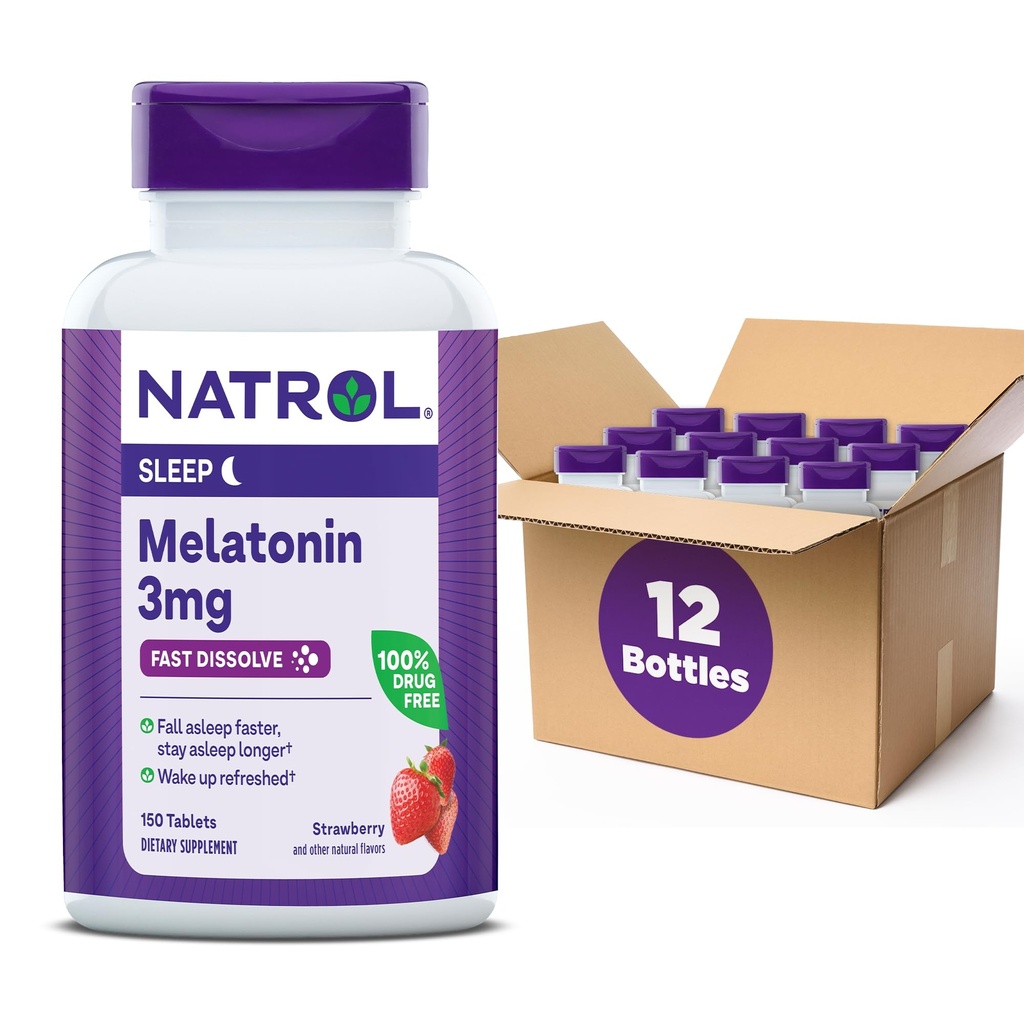 Natrol Melatonine 3mg, Aardbei-gearomatiseerde Dieetsupplement voor rustgevende slaap, 150 Fast-dissolve tabletten, 150 dagen levering