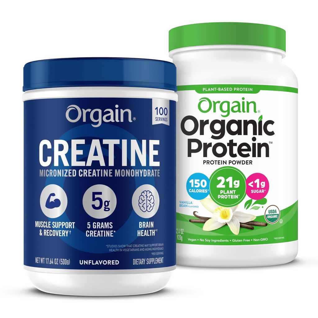 Orgain Creatine Monohydraat Poeder 17.64 Oz (100 porties) & Organic Vegan Vanilla Bean Protein Powder 2.03 lb Bundle - Plant Based Protein and Muscle Support