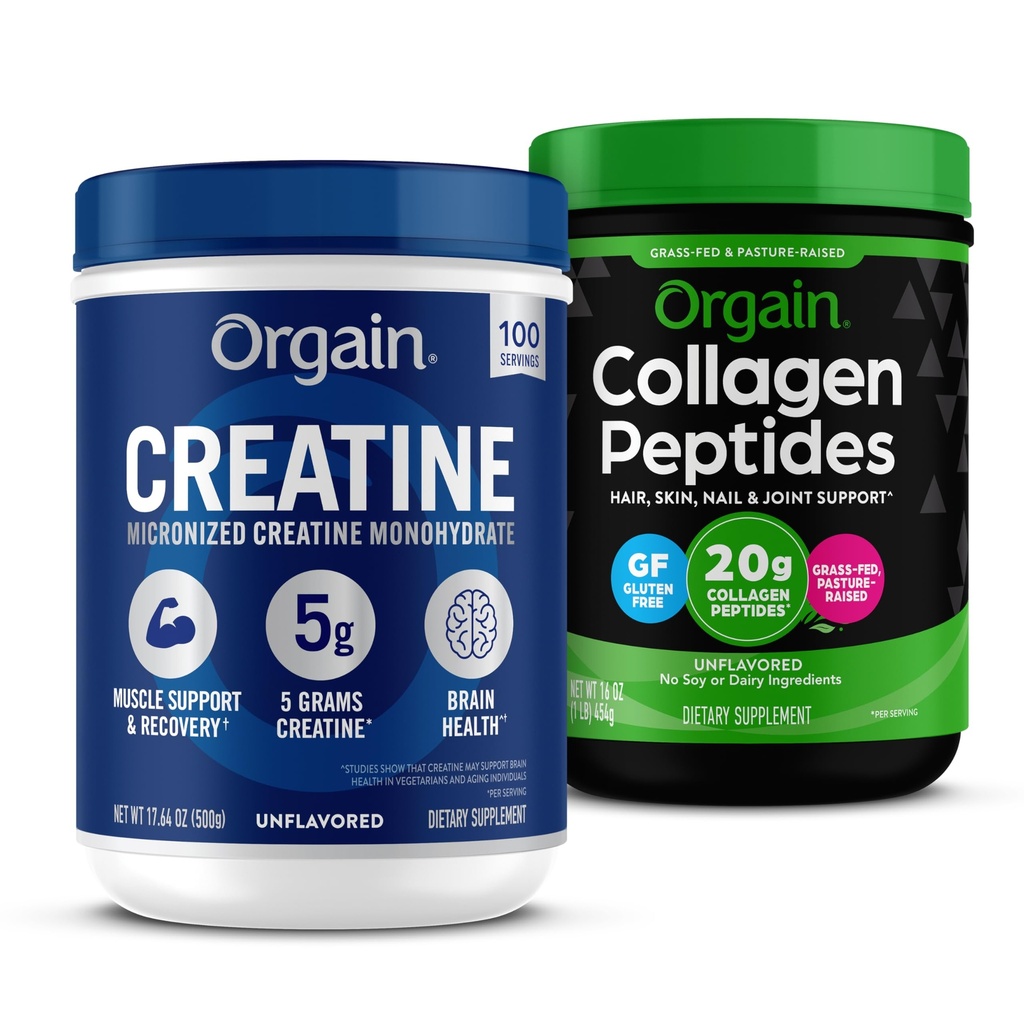 Orgain Creatine Monohydraat Poeder 17.64 Oz (100 porties) & Collageen Peptides Powder 1lb (20g Grass Fed) Bundle - Unflavored, Non-GMO Supplementen voor spier, hersenen, huid & gezamenlijke ondersteuning