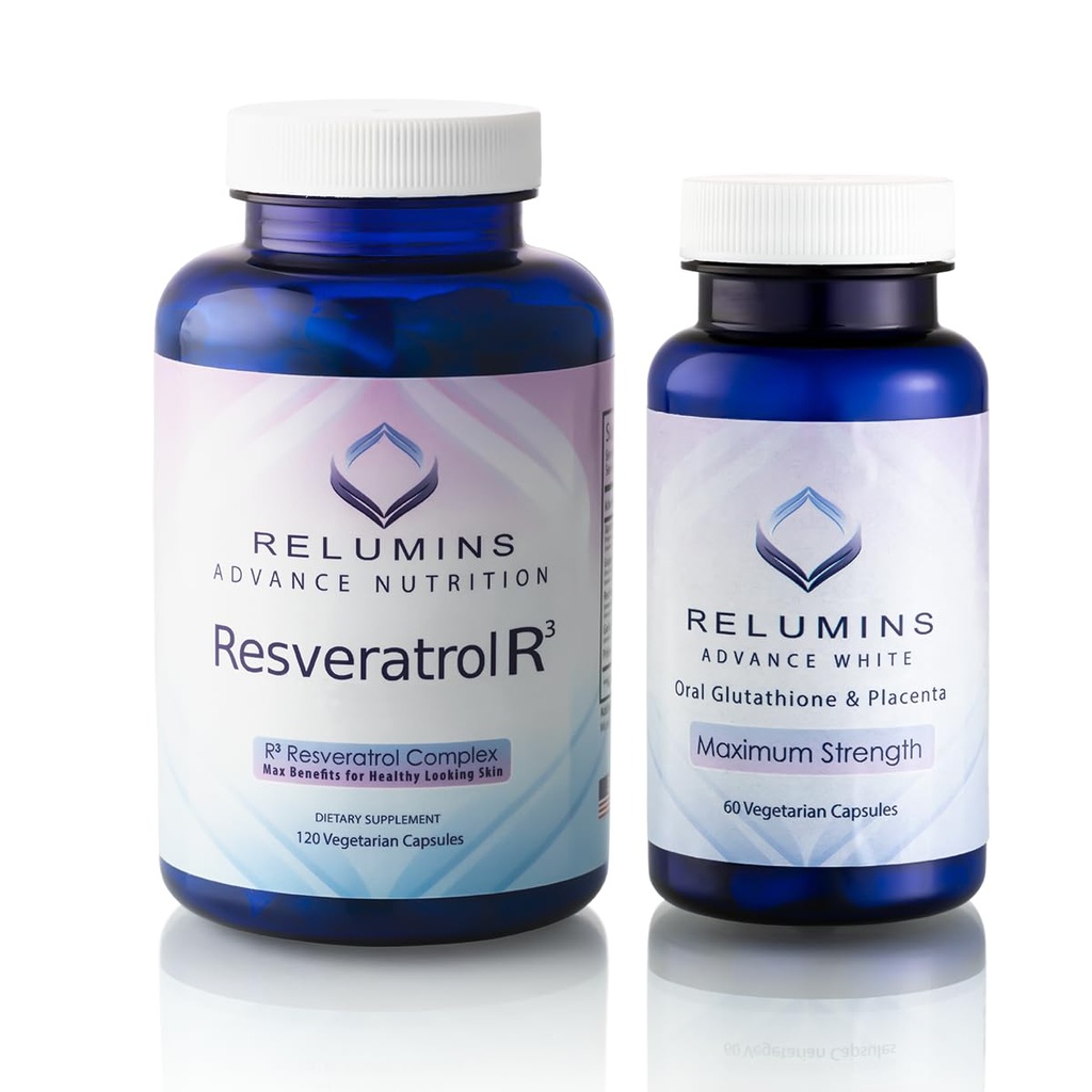 Relumins Advanced White Bundle – L-Glutathione 800mg with Vitamin C (60 Capsules) + R3 Resveratrol Complex (120 Capsules) – Supplement for Skin Clarity and Wellness Support