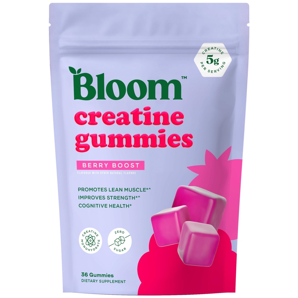 Bloom Creatine Monohydraat Gummies, 5g per portie, Suikervrije Creatine Gummy voor training, kracht, Cognitive Health & Lean Muscle Support, Gluten Free & Non GMO, Berry Boost, 36 Gummies, 12 SVG