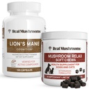 Echt wild Leeuwen Mane for Humans (120ct) & Mushroom Pet Relax Chews (60 Kauwen) - Bundle for Cognition & Relaxation - Vegan, Non-GMO, Glutenvrije Grain-Free Mushroom Extract Supplementen