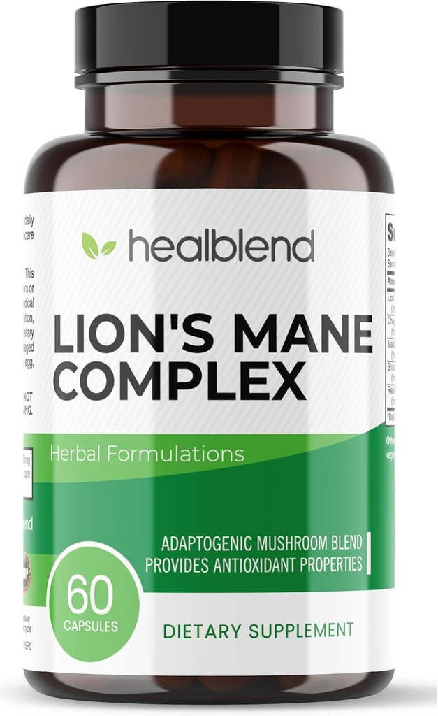 Mushroom Complex Extract with Lion's Mane Fruiting Body - 100% Natural and Effective Energy Pills - Brain, Focus Supplement, Stimulates Mood, and Creativity - 60 Immune Support Capsules