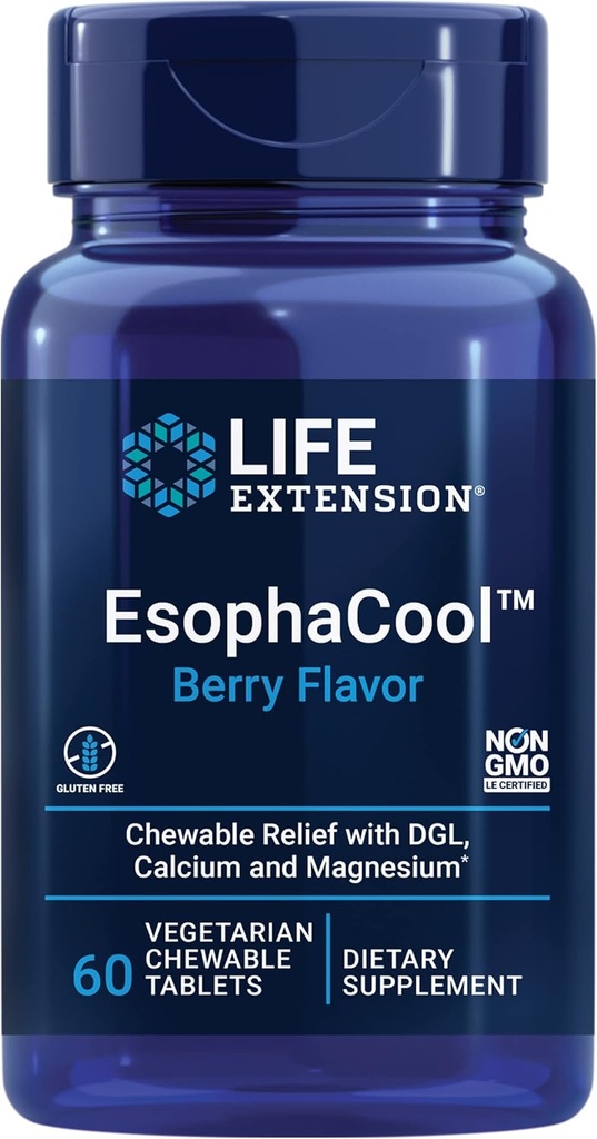 Life Extension EsophaCool - Gut Health Supplements with Calcium, Magnesium & DGL Licorice Root Extract for Healthy Digestie Maagrelief & PH Balance - Glutenvrij, Vegetarisch - 60 Kauwtabletten