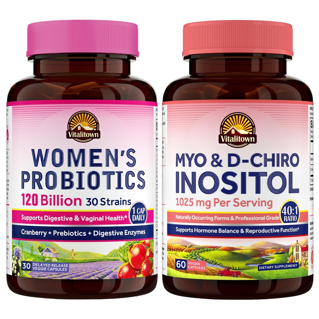 Vitalitown Women's Complete Health Bundle - Probiotics 120 Billion CFUs 30 Strains + Cranberry + Myo-Inositol & D-Chiro, Gut Health, Vaginal Health & Hormone Balance Support, Vegan