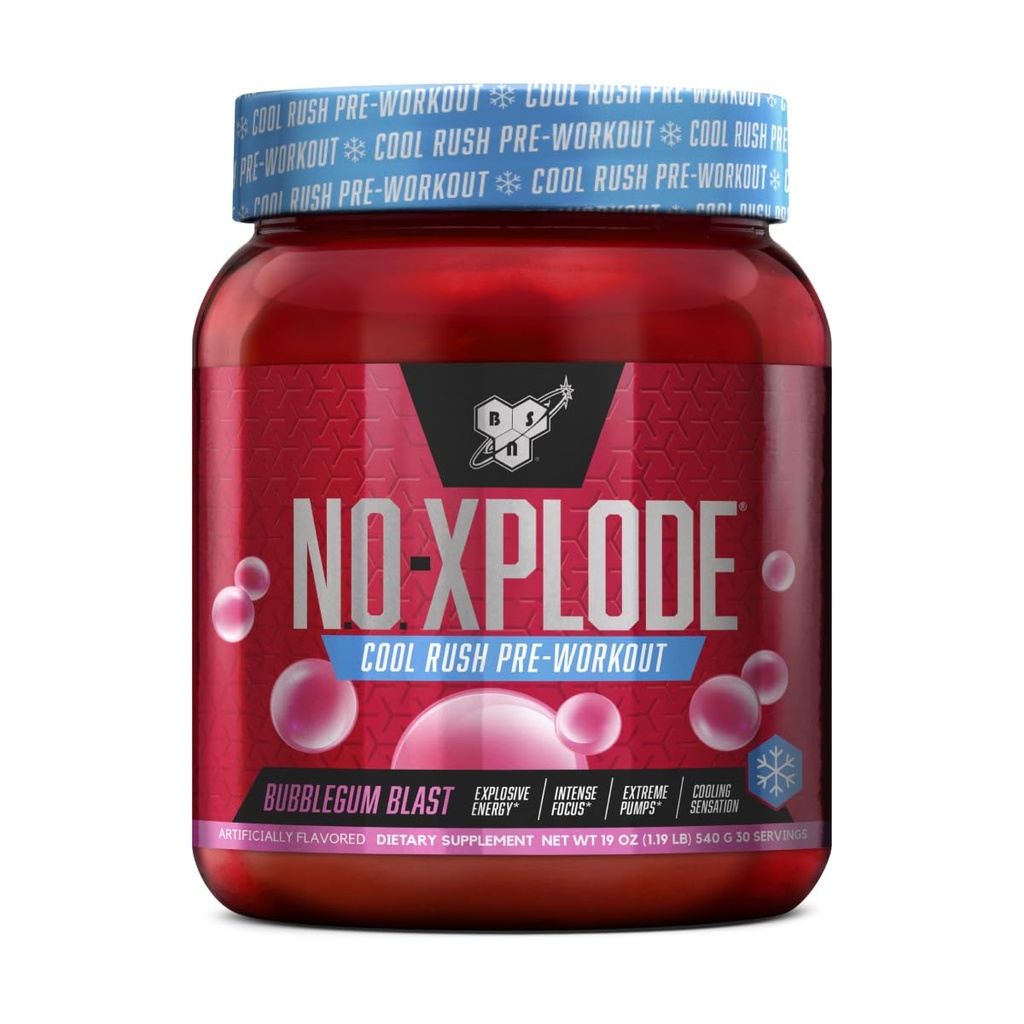 BSN N.O.-XPLODE Cool Rush Pre Workout Powder, Preworkout Energy Supplement voor mannen en vrouwen met Creatine en Beta-Alanine, nieuwe smaak: Bubblegum Blast, 30 Servers