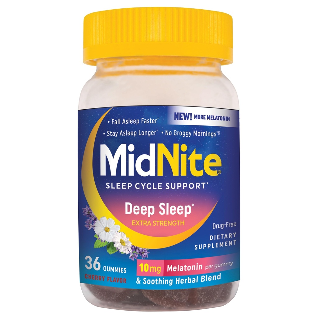 MidNite Diepe Slaap Extra Sterkte, 10 mg Melatonine Slaaphulp, Niet-Habit Vorming, Kruiden Dieetsupplement voor volwassenen, Drugvrij, Glutenvrij, Lactosevrij, Vegetarisch-Vriendschappelijk, 36 Gummies