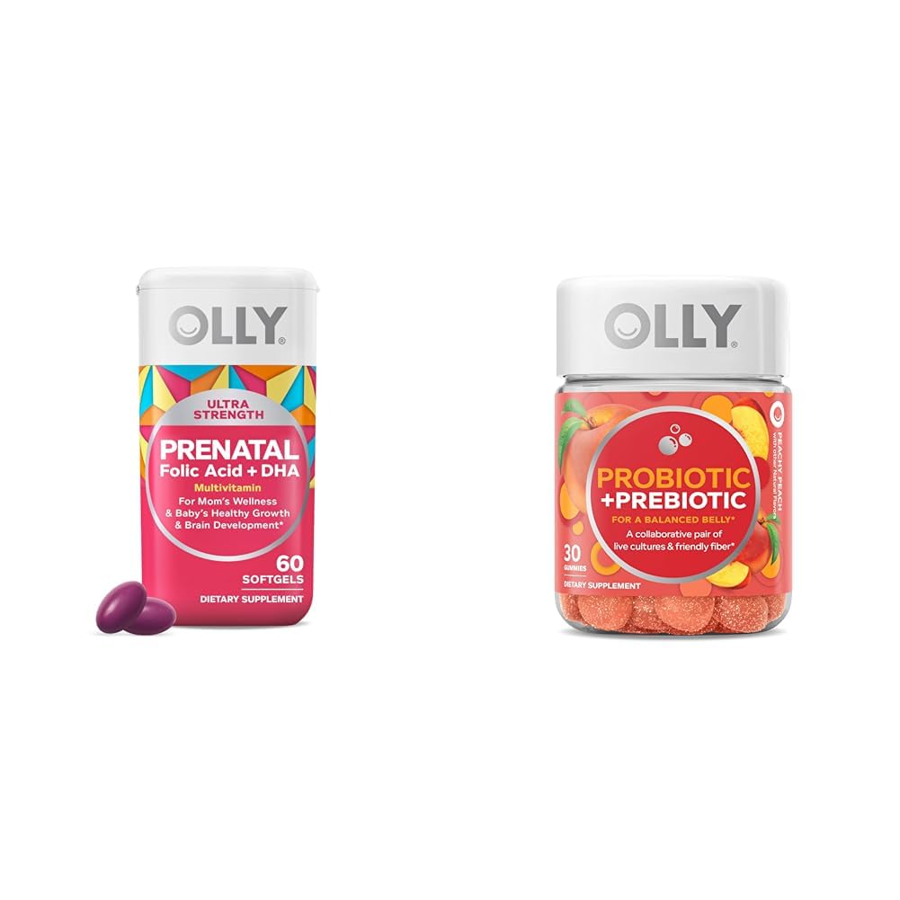 OLLY Ultra Strength Prenatal Multivitamin Softgels, Supports Healthy Growth, Brain Development & Probiotic + Prebiotic Gummy, Digestive Support and Gut Health, 500 Million CFUs, Fiber