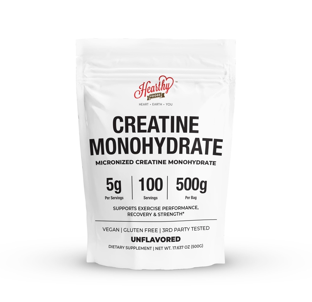 HEARTHY VOEDSELS Creatine Monohydraat Gemicroniseerd poeder 500G - 100 porties, 5000mg per portie (5g) - voor mannen & vrouwen Spiergroei & herstel - ONFLAVORED