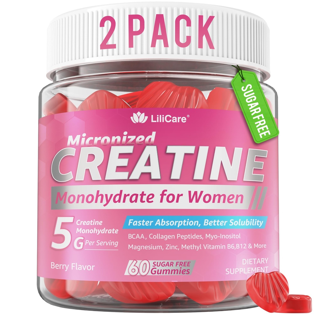 Creatine for Women Gummies, Micronized Creatine Monohydrate + Myo-Inositol, Collagen Peptides, BCAAs, Hyaluronic Acid, Vitamin B6 B12, Zinc for Enërgy, Föcus, Hörmonal Balance, Sugar Free, 120 Counts