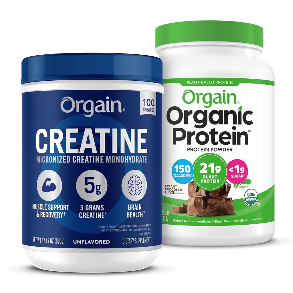 Orgain Creatine Monohydrate Powder (17.64 Oz, 100 Servings) & Organic Vegan Chocolate Fudge Protein Powder (2.03 lb) Bundle - Plant-Based Protein & Muscle Support