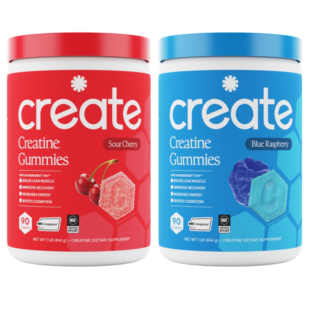 Creëer Creatine Monohydraat Gummies - Rocket Pop Duo - Blue Raspberry & Sour Cherry - Createine Gummies for Women & Men, NSF Certified, 3rd Party Tested, Anti-Melt Formula, 180 Tel (2-Pack)