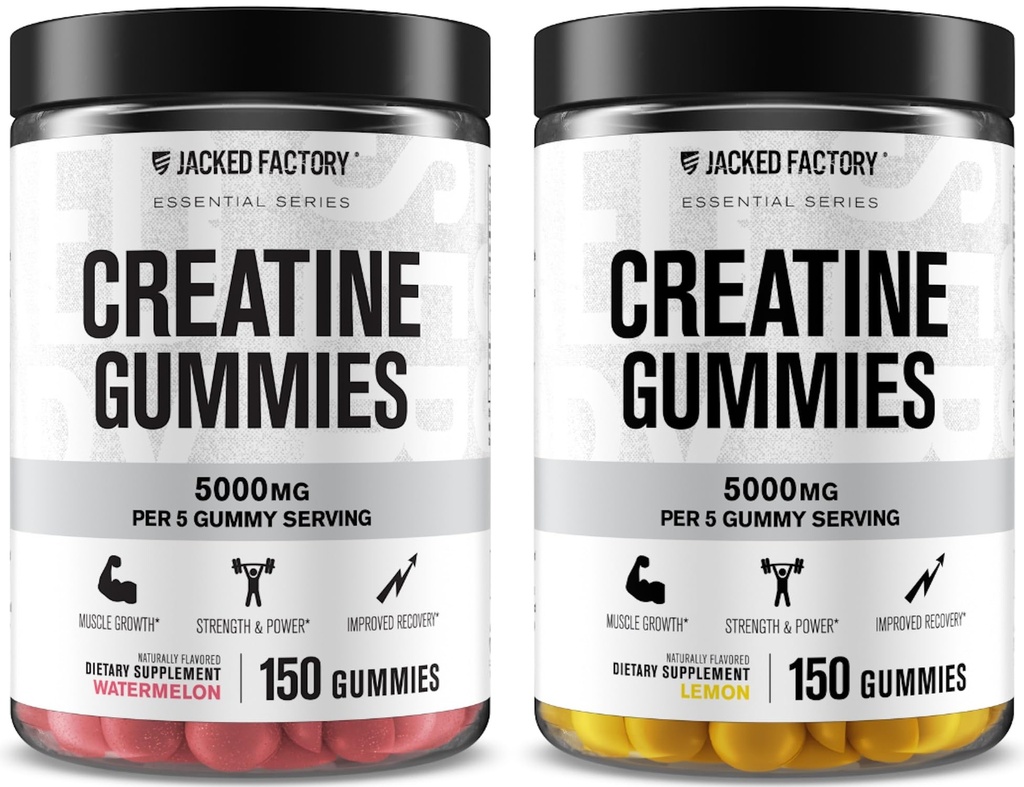 Ge Jacked Factory Creatine Monohydraat Gummies 5g Dagelijkse dosis (1g per Gummy) - Createine Gummy voor mannen en vrouwen, Veganistisch-Vriendelijk, Reizen-Vriendelijk, Derde-partij Getest - 150 Gummies, Watermeloen & Citroen