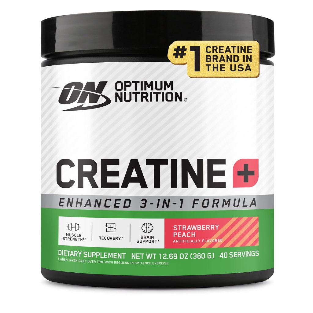 Optimale Voeding Creatine Monohydraat Plus Poeder, Aardbei Perzik Gearomatiseerde Creatine Performance Blend, met Elektrolyten voor Hydratatie, Toegevoegde Vitaminen, 40 Servers, 360 Gram (Verpakking mei Vary)