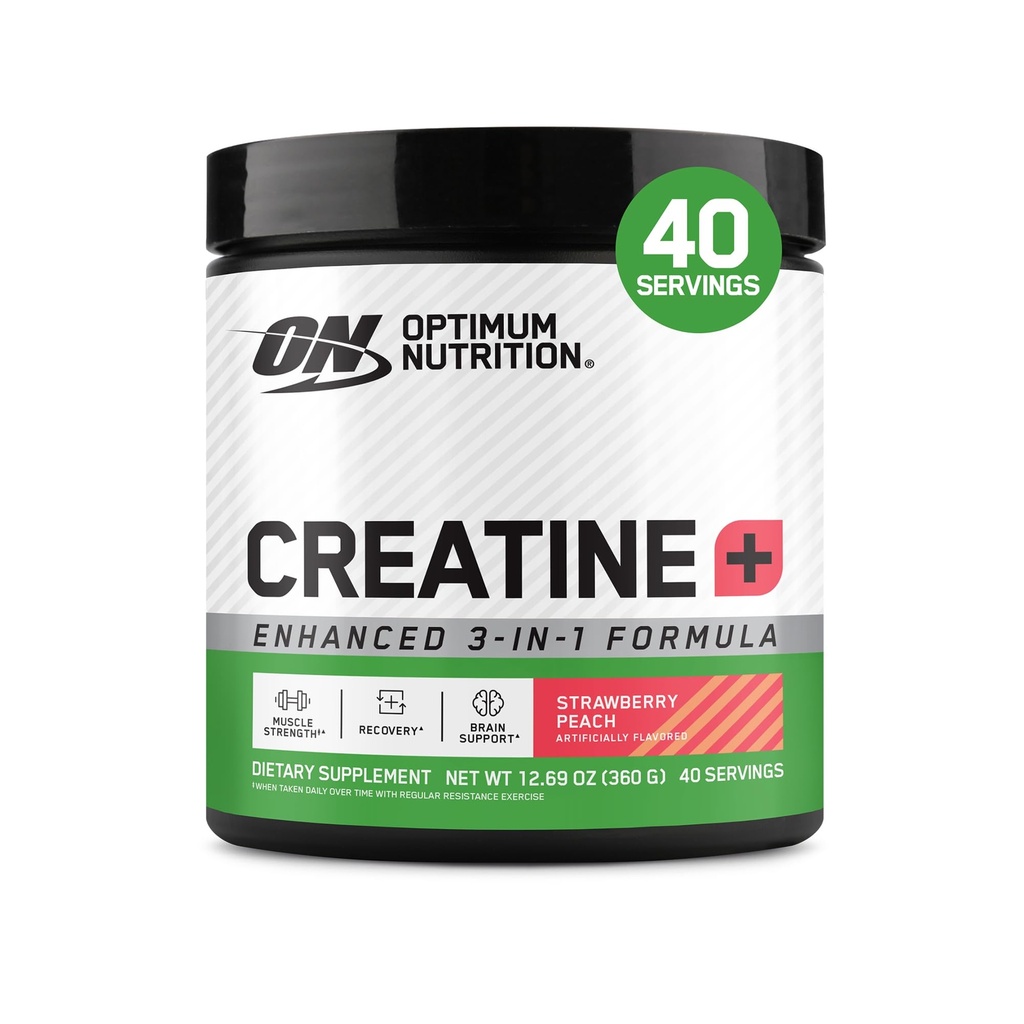 Optimale Voeding Creatine Monohydraat Plus Poeder, Aardbei Perzik Gearomatiseerde Creatine Performance Blend, met Elektrolyten voor Hydratatie, Toegevoegde Vitaminen, 40 Servers, 360 Gram (Verpakking mei Vary)