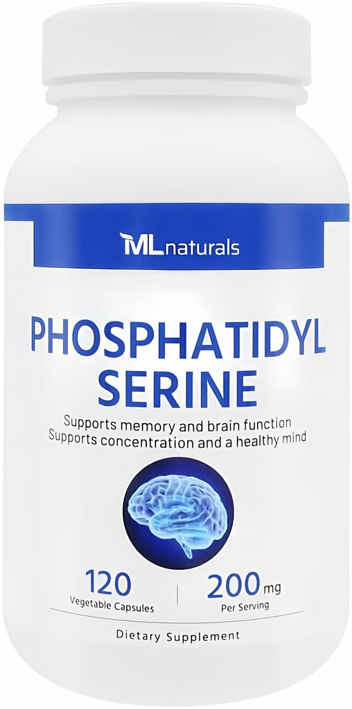 ML Naturals Fosfatidyl Serine 200 mg (Standaard) 120 plantaardige capsules. Ondersteunt geheugen- en hersenfunctie, niet-GMO, NSF-gecertificeerd en cGMP-compliant