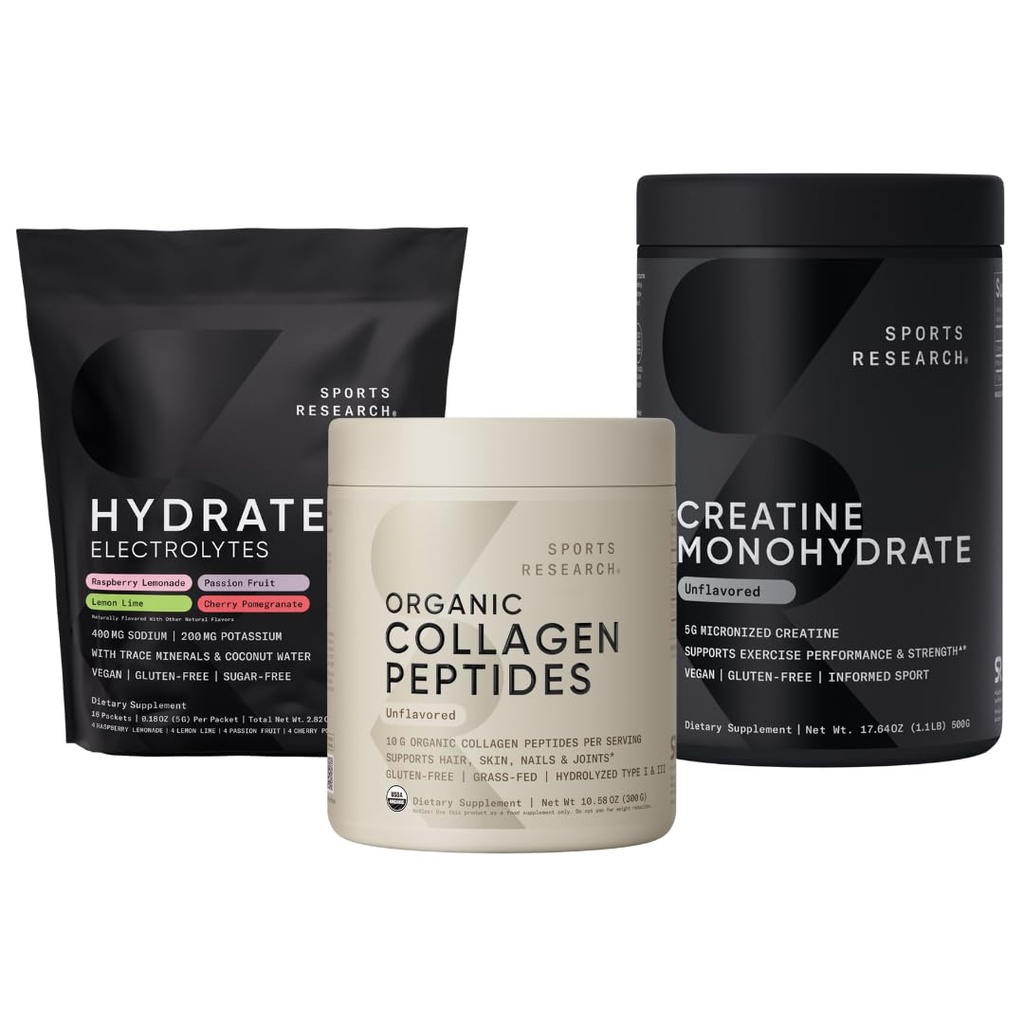 Sports Research® Unflavored Organic Collagen Peptides, Unflavored Creatine Monohydrate and Hydrate Electrolytes Powder Packets (16x Variety Pack)