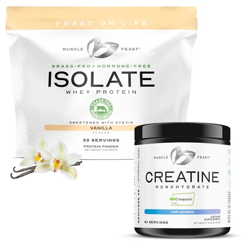 Muscle Feast Creapure Creatine Monohydrate - Unflavored 300g (x1) and Isolate Whey Protein Powder - Vanilla 2lb (x1) - Muscle Recovery and Performance Bundle