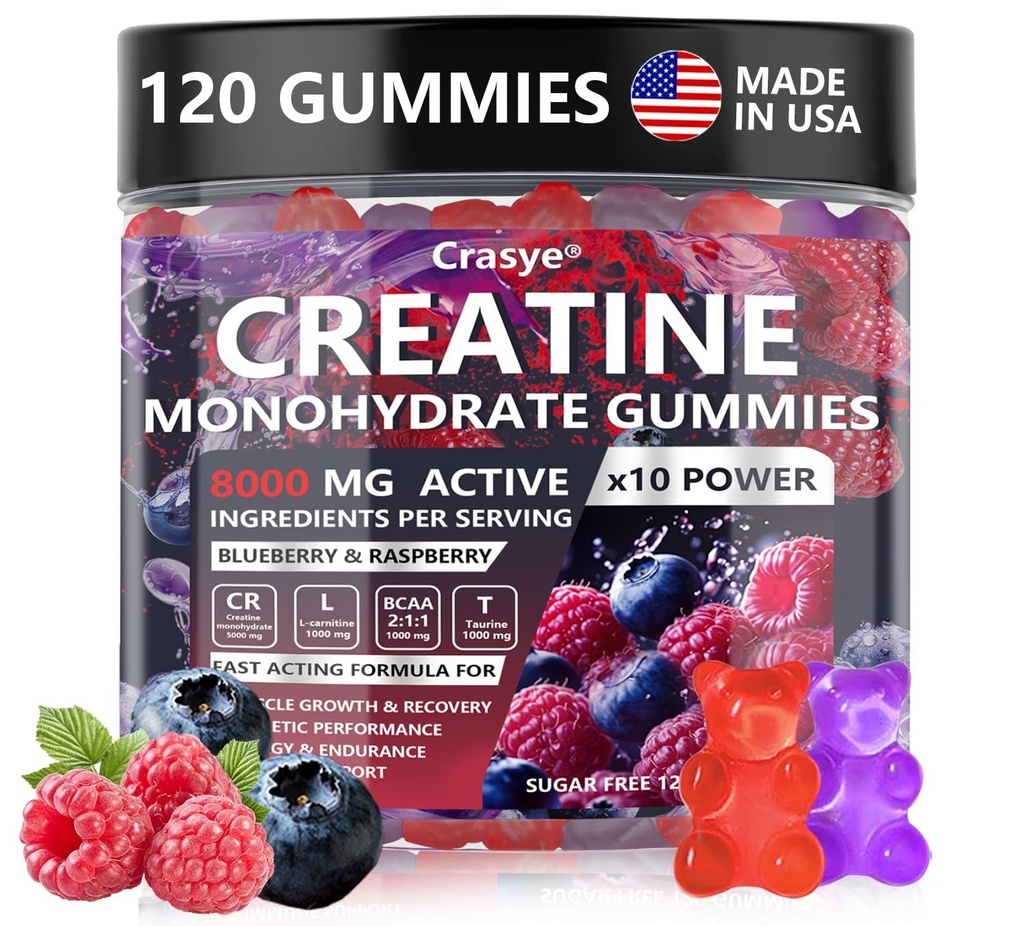 Creatine Monohydraat Gummies Complex 8000 MG voor mannen Vrouwen, Createine Gummy met Taurine BCAA voor energie ondersteuning en spierkracht, Sugar Free Pre-workout supplement