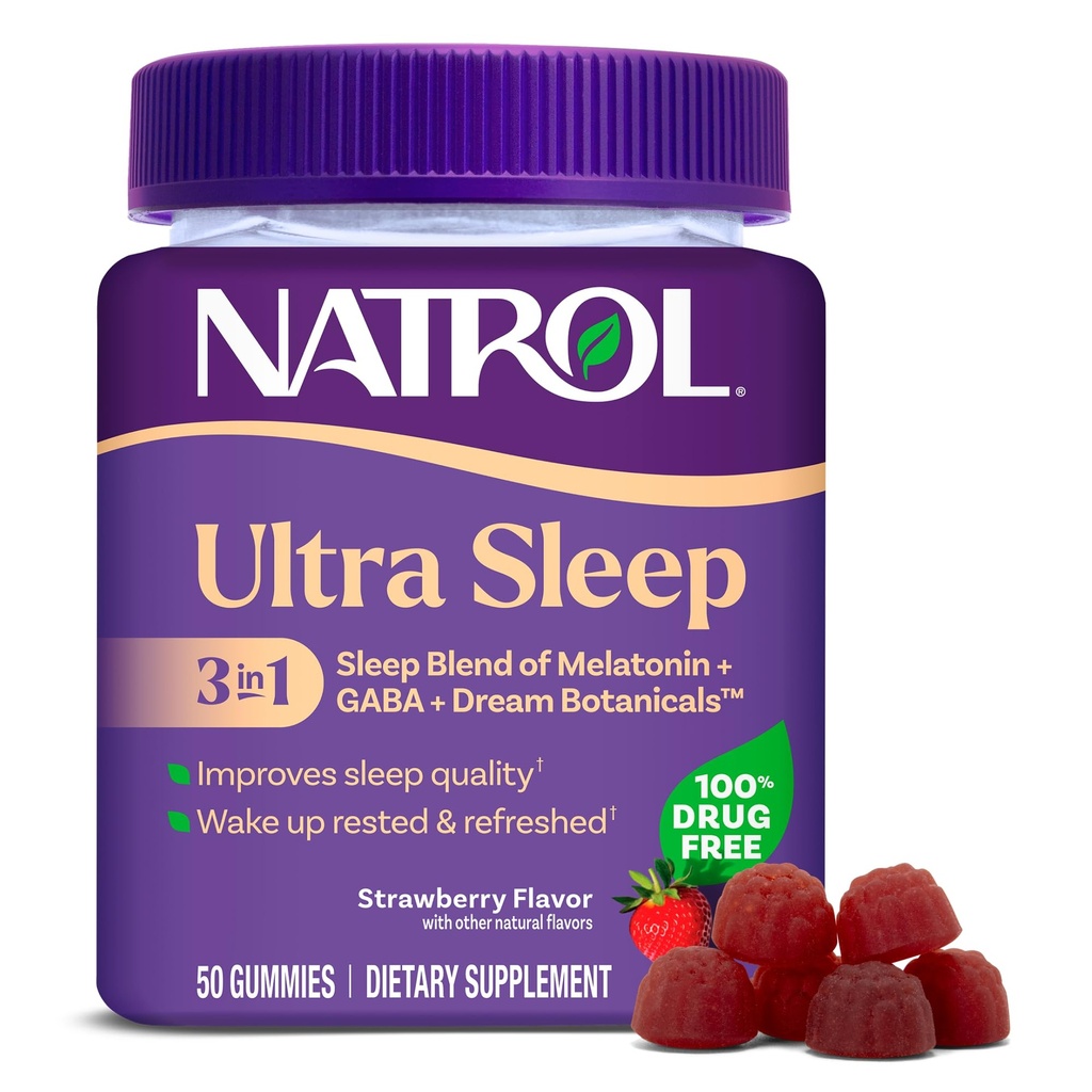 Natrol Ultra Sleep 3-in-1 100% Drugvrije slaaphulp Blend met Melatonine, GABA & Botanicals, Dieetsupplement, Non-Habit vorming, 50 Gummies
