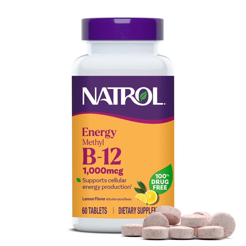 Natrol Methyl Vitamin B-12 1000 mcg, 60 Chewable Tablets, Lemon Flavored, Bioactive B12 Vitamin, Supports Cellular Energy Production, Brain Health & Metabolism - 60 Servings
