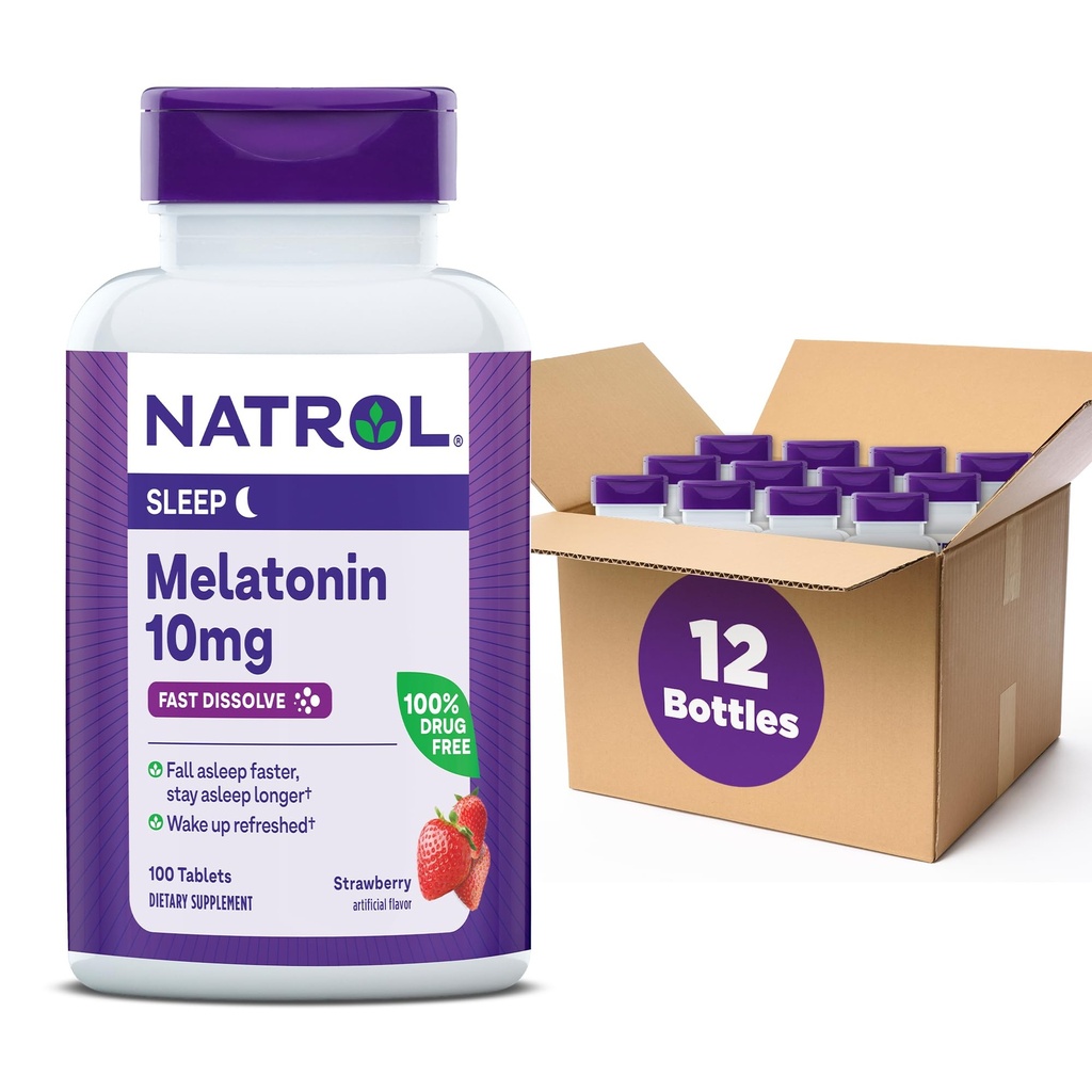 Natrol Snel oplossen Melatonine 10 mg, Melatonine Supplementen voor Rustige Slaap, Slaap Ondersteuning voor Volwassenen, 100 Aardbei-gearomatiseerde Melatonine Tablets, Tot een 100 dagen aanbod