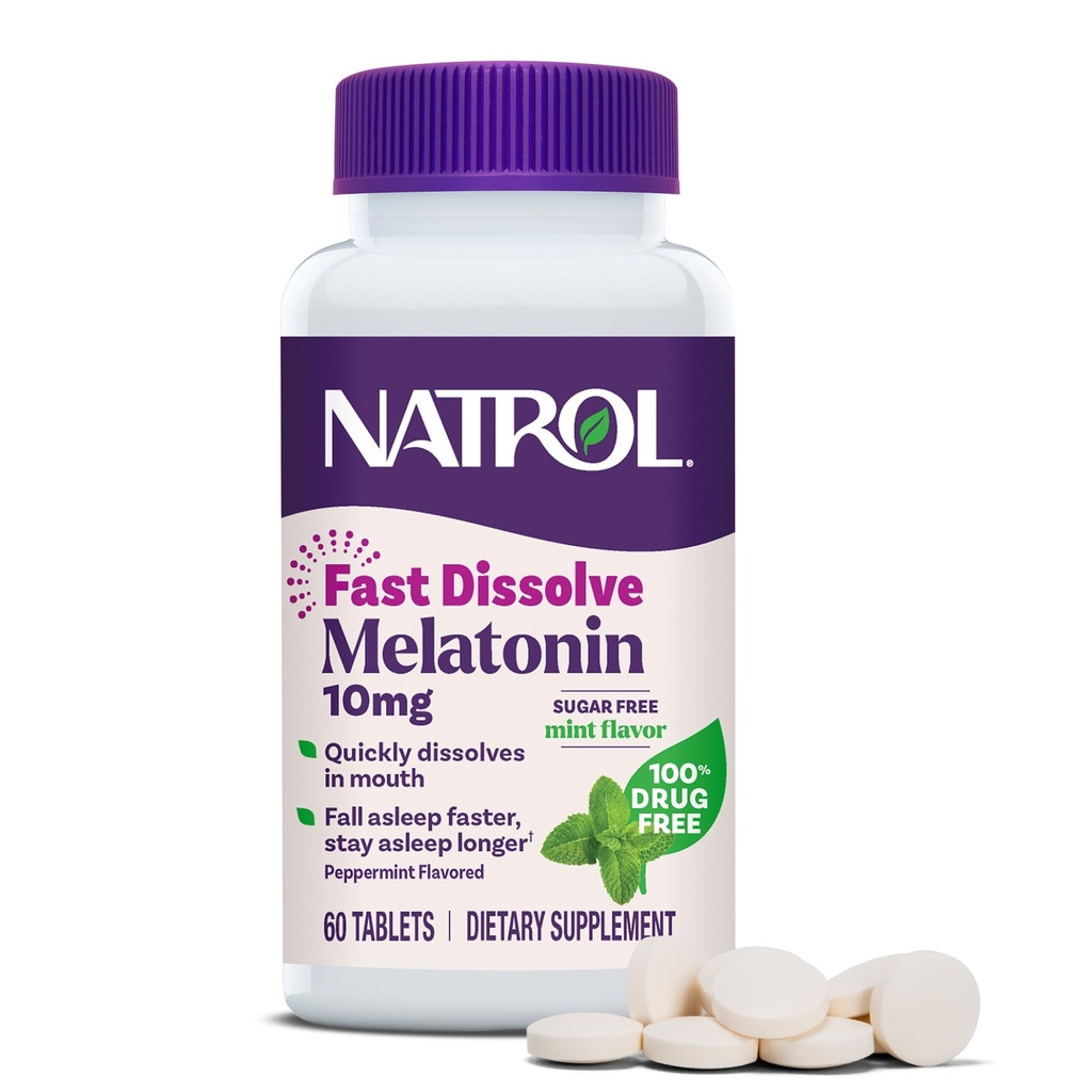 Natrol Melatonine 10mg Fast Solution Tablets - Peppermint Smaak, 60 Tellen, Slaap Ondersteuning, Fast Solution Melatonine voor volwassenen, 60 dagen Levering