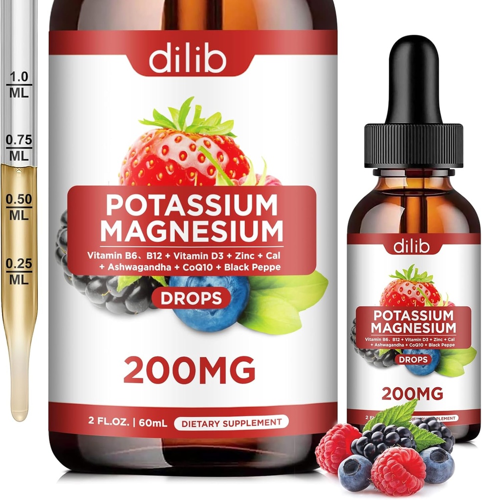 Potassium Magnesium Citrate Supplement, Liquid Magnesium Citrate Drops 200mg with Ashwagandha, Calcium, Zinc, Vitamin D3, B6, B12, CoQ10 - Vegan 2 fl oz Mix Berry Flavor