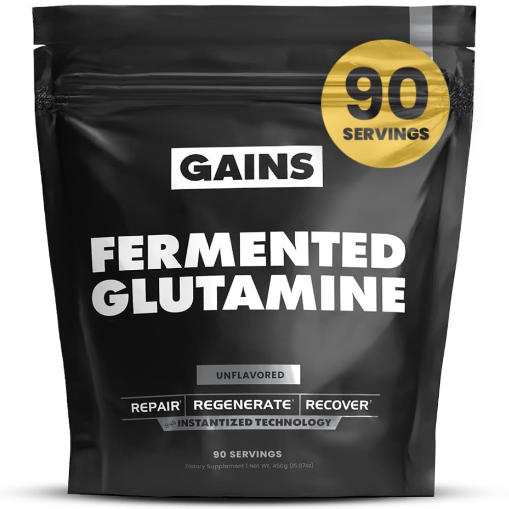 Gains in Bulk L-Glutamine, Gluten Free Glutamine Powder for Muscle Recovery and Growth, Post Workout Support, Amino Acid Supplement, Promotes Protein Synthesis, Non GMO, Unflavored, 90 Servings
