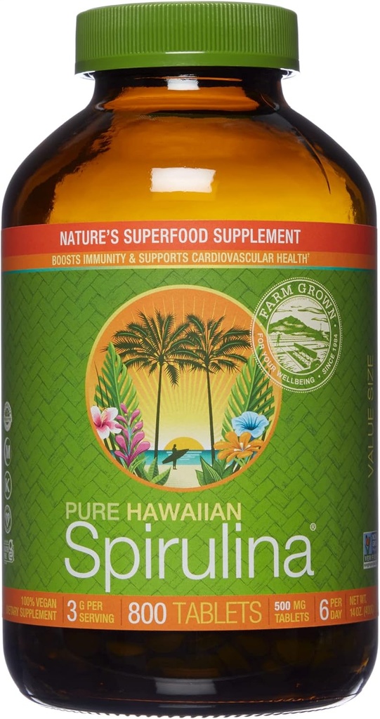 Nutrex Hawaii, Pure Hawaiian Spirulina 500 mg, Vegan, Supports Immune System, Heart, Cells and Energy, 800 Tablets