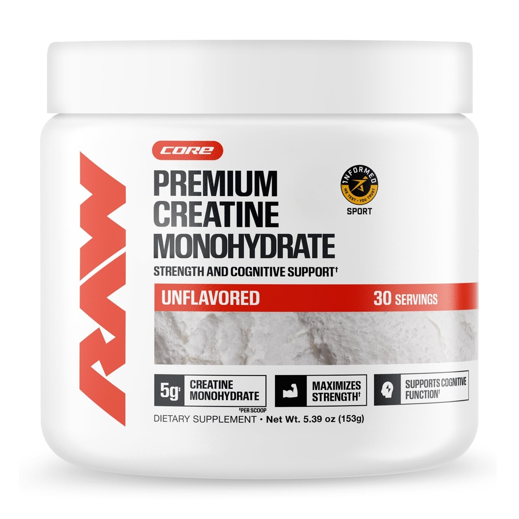 RAW Nutrition Creatine Monohydraat Poeder, Unflavored (30 Servings) - Micronized Creatine Monohydraat Supplement voor workout prestaties, Build Muscle & Strength - Creatine Powder for Men & Women