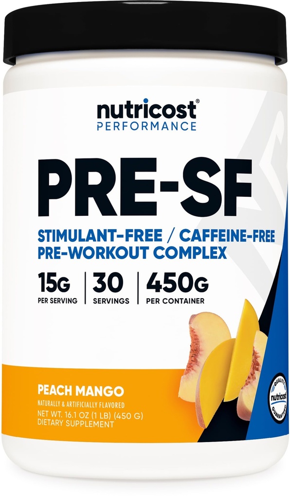 Nutricost Stim-Free Pre-workout, 30 porties (Peach Mango) - Cafeïnevrij, Stimulantvrij, Non-GMO, Glutenvrij