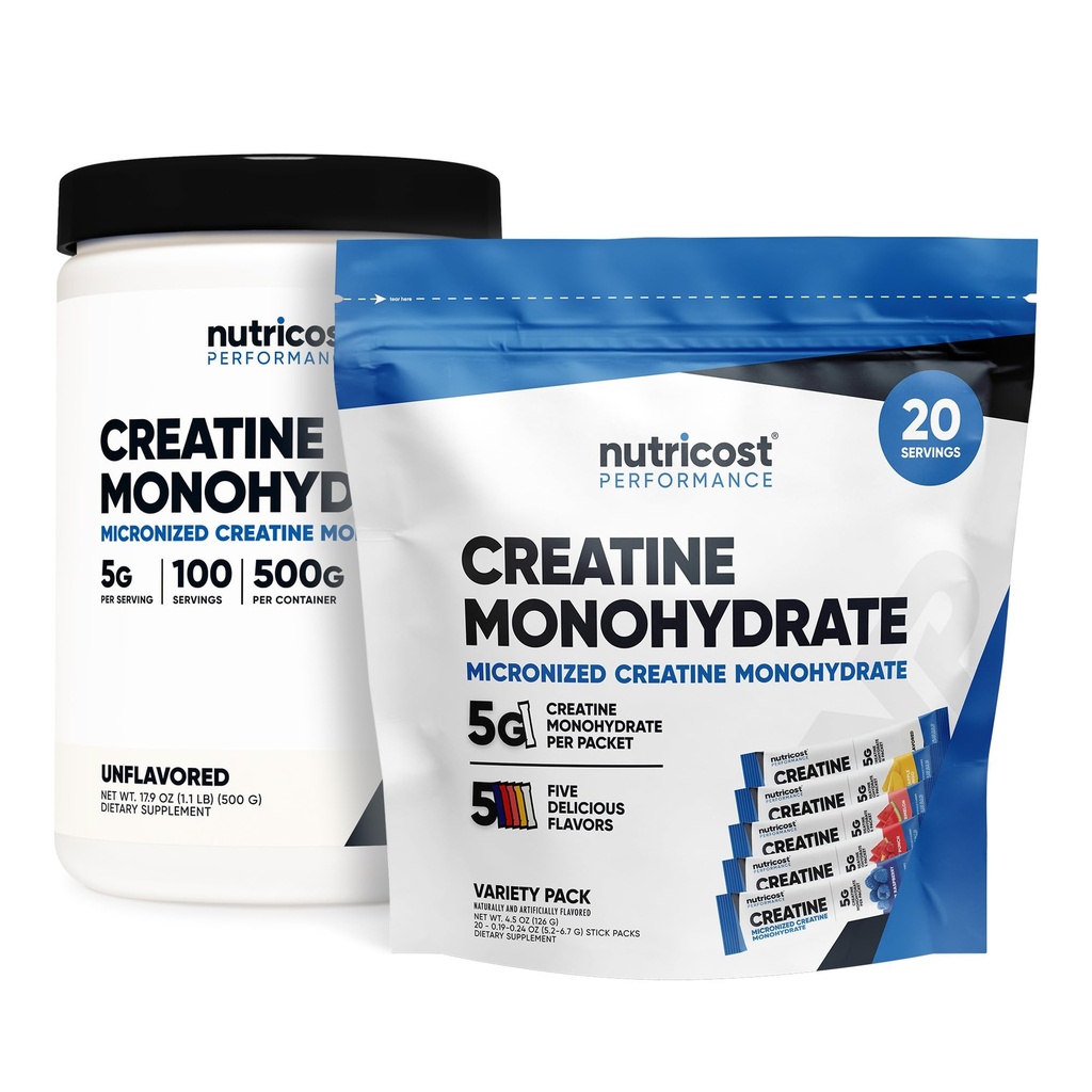Nutricost Micronized Creatine Monohydraat 500 Gram en 20 Stickpacks (Variety) Bundel