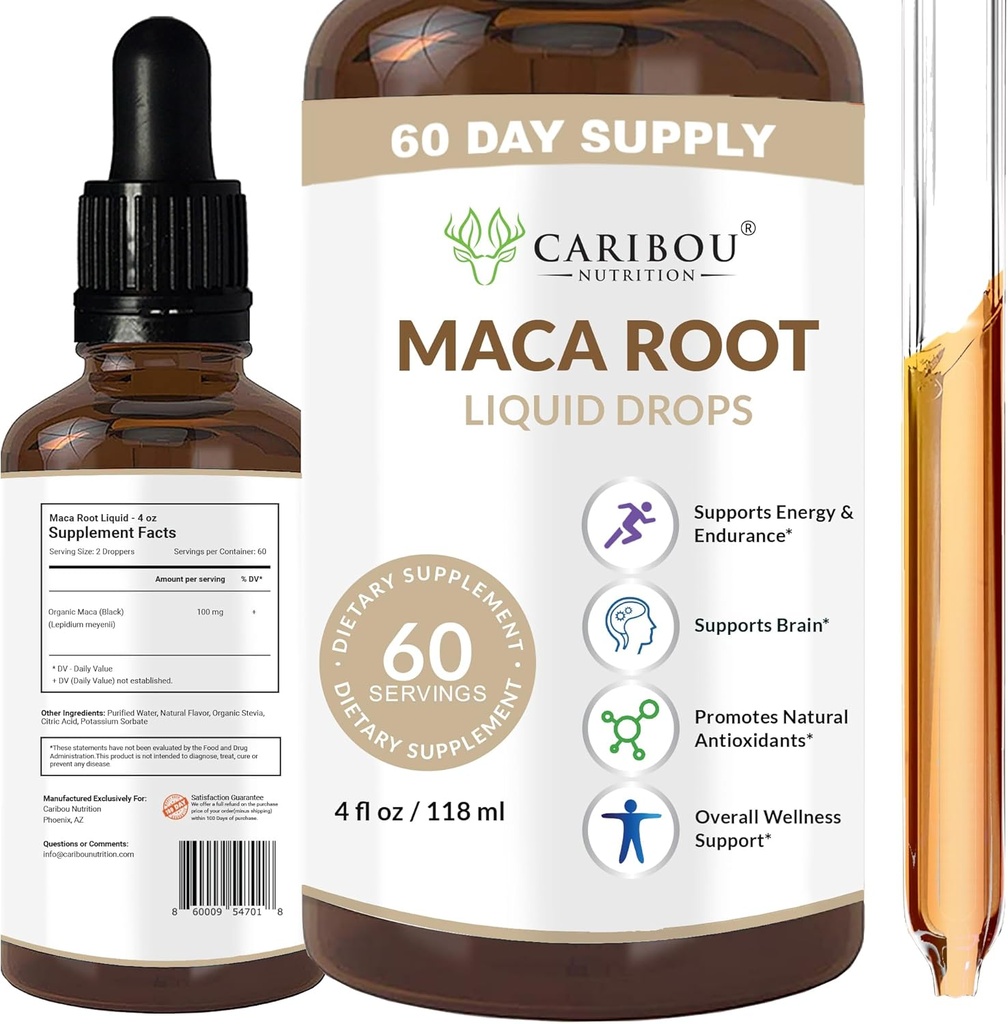 Maca Root Liquid Drops Premium Organic Maca Root Extract Maca Supplement for Enhanced Mood & Vitality 60 Servers 4 Fl Oz