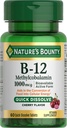 Nature's Bounty Vitamine B-12 Quick Solution Tablets, 1000 mcg, Aids in the Conversion of Food in Cellular Energy, Cherry Flavor, 60ct