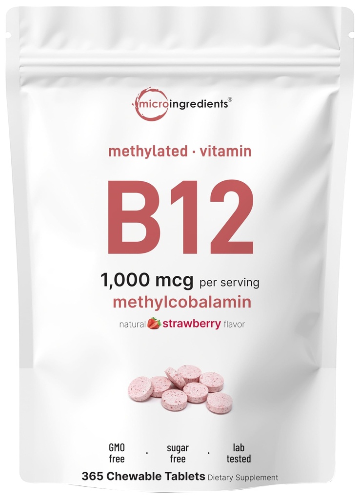 Micro Ingredients Vitamin B12 1,000 mcg | Methylcobalamin – 365 Chewable Tablets | Fast Dissolve, Natural Strawberry Flavor | Supports Energy & Metabolism Health | Vegan, Non-GMO, Gluten Free