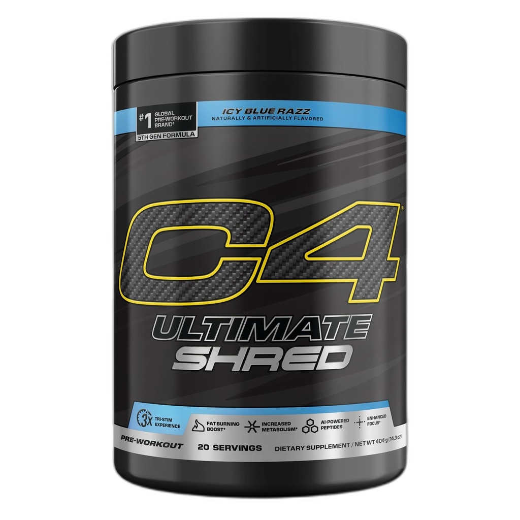 Cellucor C4 Ultimate Shred pre workout poeder, vet brander voor mannen & vrouwen, gewichtsverlies supplement met gemberwortel extract, Icy Blue Razz, 20 porties