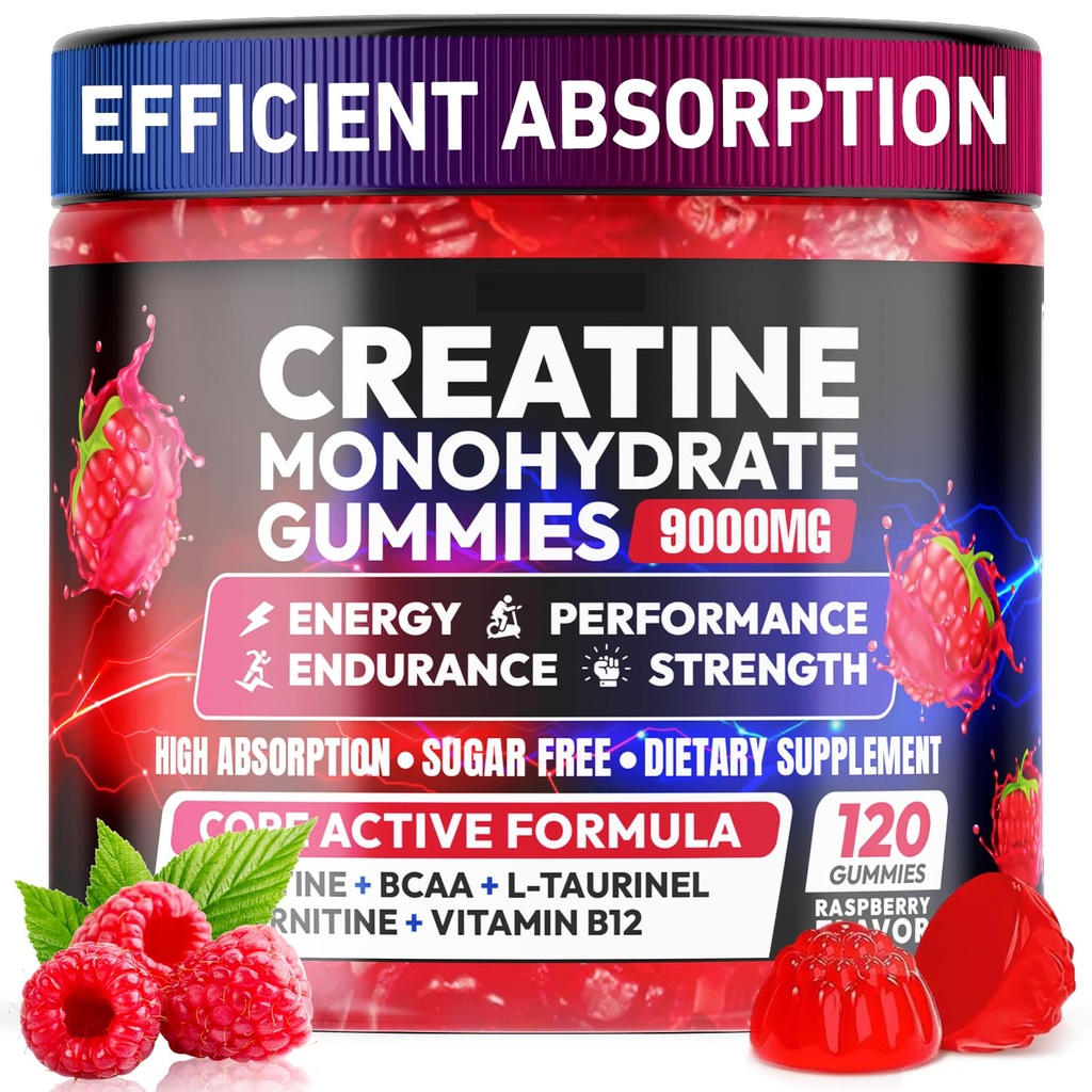 Creatine Gummies Monohydraat Complex 9000MG, Pre-workout voor mannen & vrouwen, Createine Gummy met L-Taurine, BCAA 2:1, B12/6 voor spierondersteuning, Verbeter kracht, Energie Boost-120 tellen