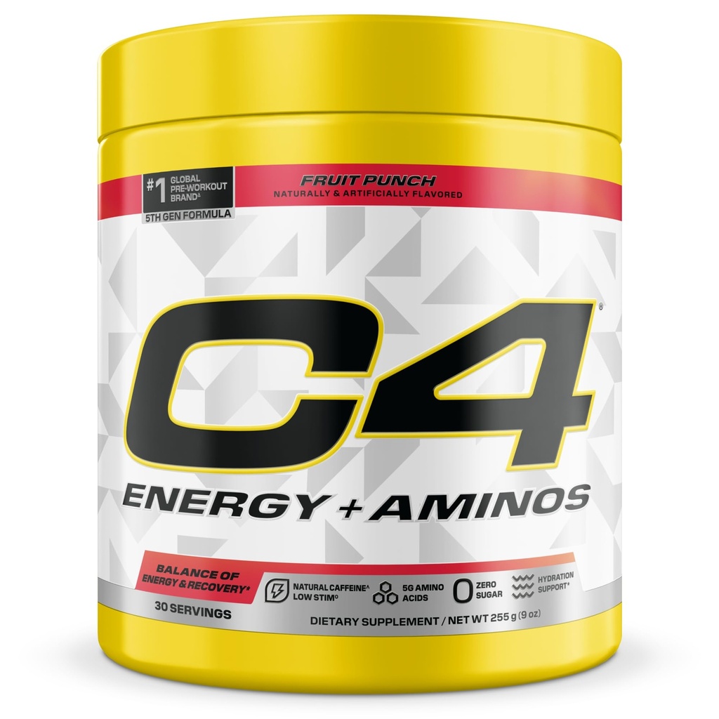 C4 Energy + Aminos Powder, 5g BCAAs & EAAs for Muscle Recovery, 3 Elektrolyten for Hydration, 100mg Natural Cafeine, Pre Workout, Zero Sugar, 30 Servings, Fruit Punch
