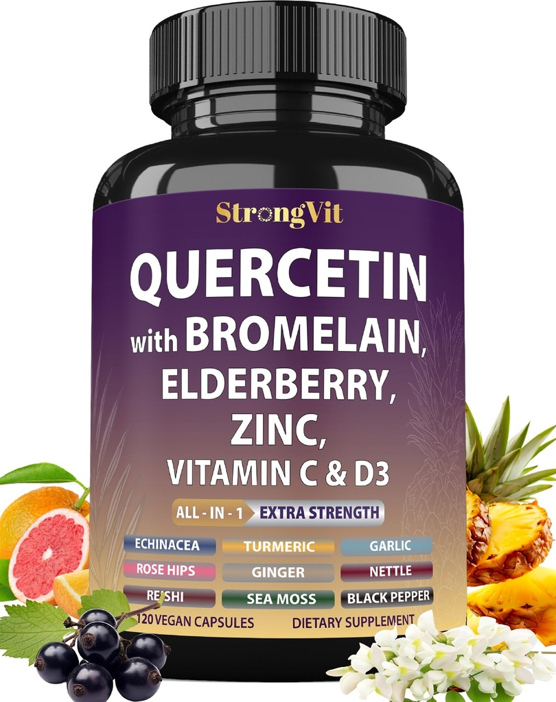 StrongVit Quercetin with Bromelain, Elderberry, Vitamin C, D3 and Zinc. Super Immune Support Supplement. Organic Complex for Men & Women, Non-GMO, Gluten-Free, Vegan, USA (120 Capsules)