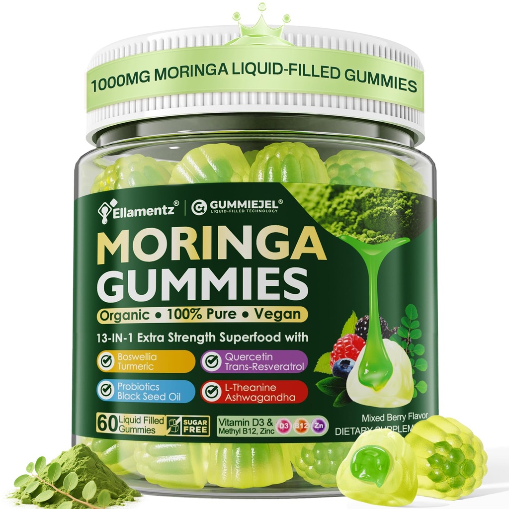 Moringa Gummies 1000mg for Women & Men Sugar-Free, 13-in-1 Superfood with Turmeric, Ashwagandha, Trans-Resveratrol, VB12 D3, Pure Moringa Leaf Supplement for Energy, Immune, Skin,Antioxidant, 60 Chews