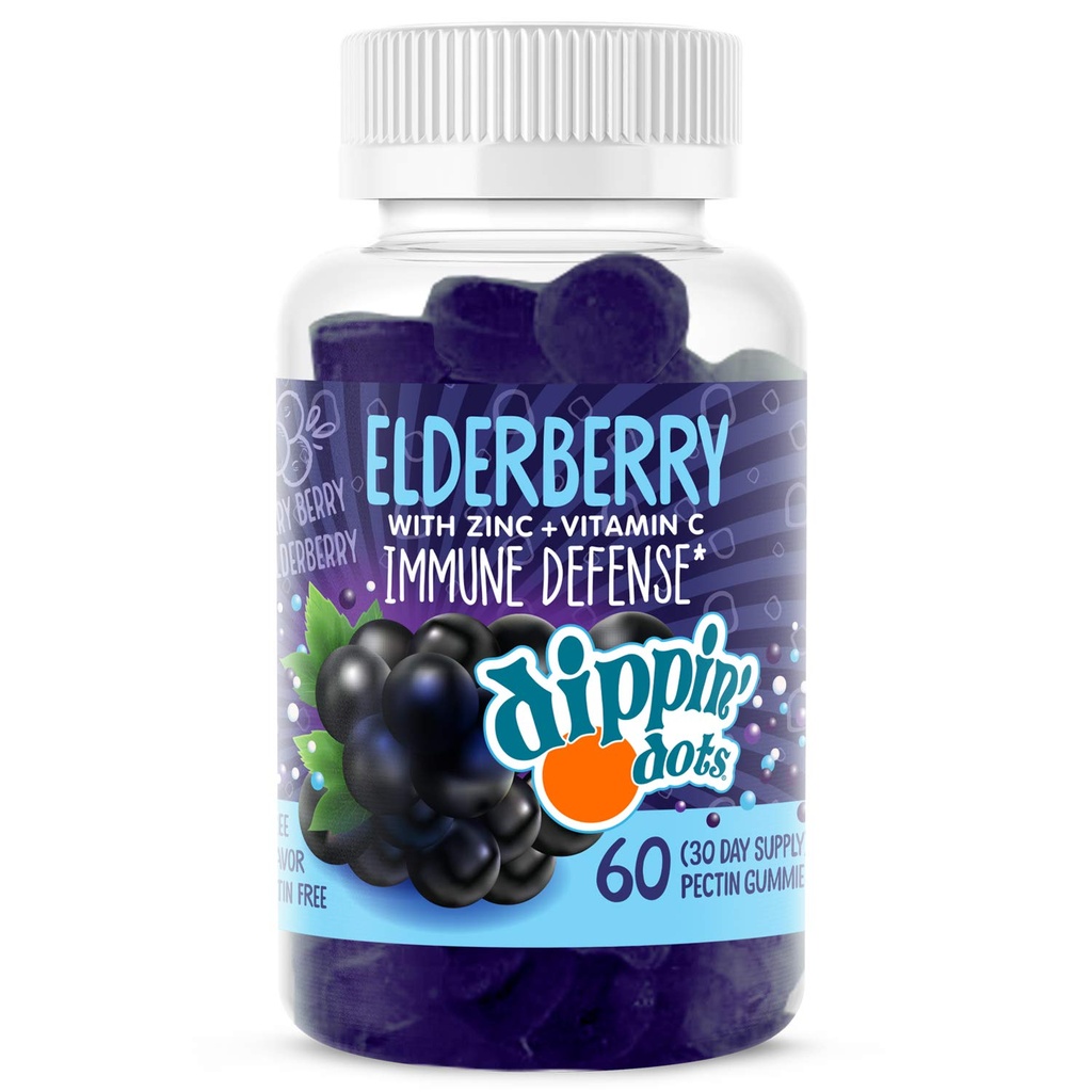 Dippin' Dots - Sambucus Elderberry + Vitamin C + Zinc Immune Support Gummies - Black Elderberry Gummies for Adults & Kids, Gelatin Free Gluten Free Immune Support Supplement for Women & Men (60 Count)